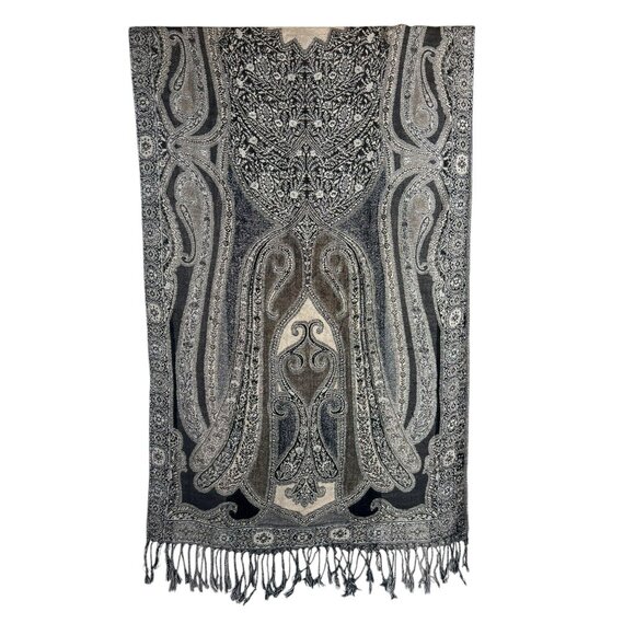 Women's Paisley Patterned Black Gray Rectangle Reversible Scarf Fringe 78 in - Picture 2 of 5